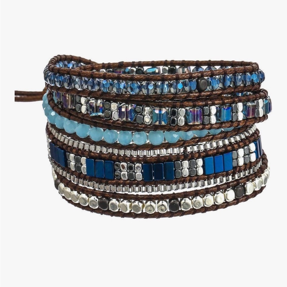 Blue and Silver Handmade Beaded Wrap Bracelet